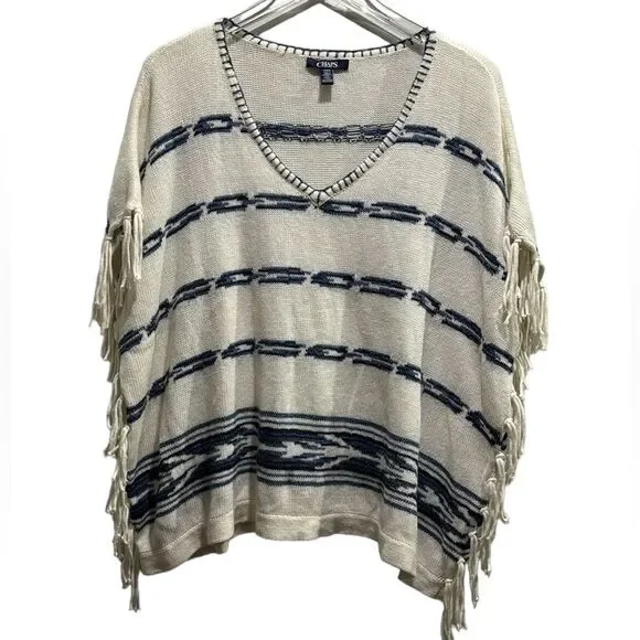 Chaps denim, Southwestern Boho Sleeved Poncho fringe sweater Size Medium - Picture 1 of 6